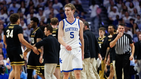 Feb 28, 2026; Lexington, Kentucky, USA; Kentucky Wildcats guard Collin Chandler (5) reacts as he walks to the bench during a timeout during the second half against the Vanderbilt Commodores at Rupp Arena at Central Bank Center. Mandatory Credit: Jordan Prather-Imagn Images