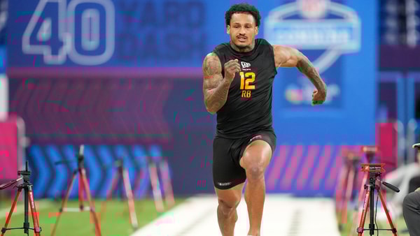 Feb 28, 2026; Indianapolis, IN, USA; Kentucky running back Seth McGowan (RB12) during the NFL Scouting Combine at Lucas Oil Stadium. Mandatory Credit: Kirby Lee-Imagn Images