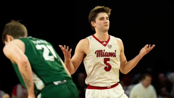 Miami guard Peter Suder shrugs during another win during the Redhawks undefeated season, via Albert Cesare:The Enquirer : USA TODAY NETWORK via Imagn Images
