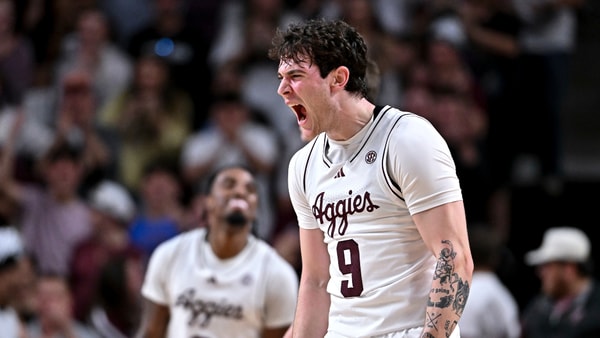 Mar 3, 2026; College Station, Texas, USA; Texas A&M Aggies guard Rubén Dominguez (9) reacts during the first half against the Kentucky Wildcats at Reed Arena. Mandatory Credit: Maria Lysaker-Imagn Images