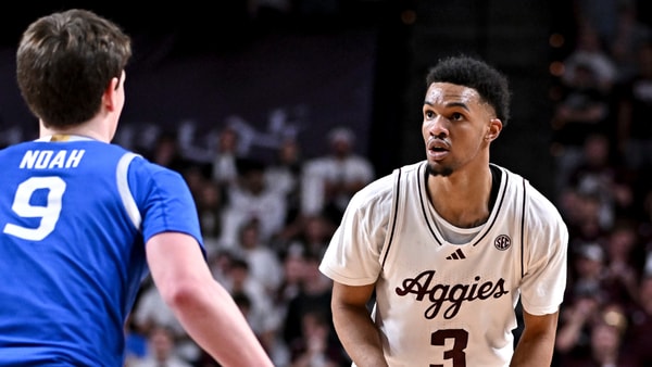 Mar 3, 2026; College Station, Texas, USA; Texas A&M Aggies guard Rylan Griffen (3) dribbles the ball during the second half against the Kentucky Wildcats at Reed Arena. Mandatory Credit: Maria Lysaker-Imagn Images