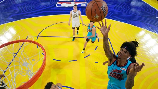 February 14, 2025; San Francisco, California, USA; Team G-League guard Dink Pate (1) of the Mexico City Capitanes shoots the ball against Team C during the 2025 NBA Rising Stars Game at Chase Center. Mandatory Credit: Kyle Terada-Imagn Images