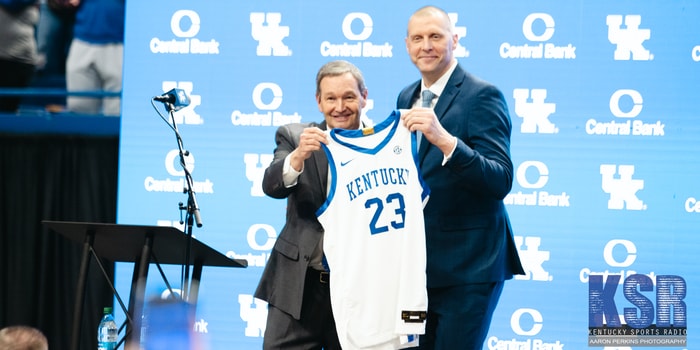 Kentucky coach Mark Pope and athletics director Mitch Barnhart at Pope's introductory press conference - Aaron Perkins, Kentucky Sports Radio