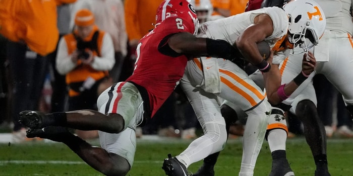 (Joshua L. Jones / USA TODAY NETWORK via Imagn Images) Georgia linebacker Smael Mondon Jr. (2) sacks Tennessee quarterback Nico Iamaleava (8) during the first half of a NCAA college football game against Tennessee in Athens, Ga., on Saturday, Nov. 16, 2024.