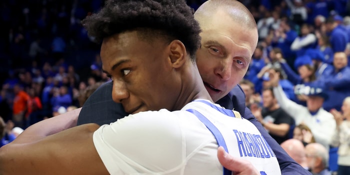Mark Pope talks to Jaxson Robinson after Kentucky's win over Florida - Dr. Michael Huang, Kentucky Sports Radio