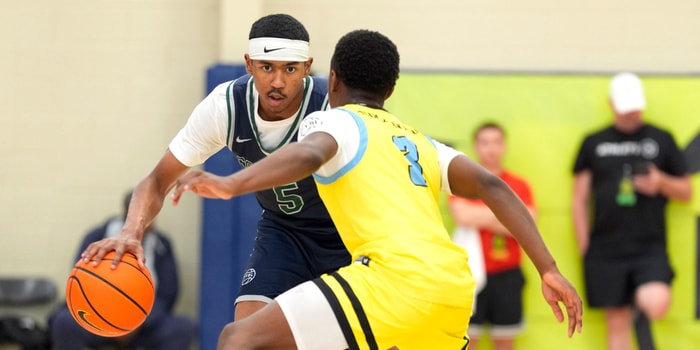 July 15, 2025; North Augusta, South Carolina, USA; Oakland Soldiers Jason Crowe Jr. (5) dribbles as Team Final RJ Smith (3) defends during the Oakland Soldiers and Team Final game at Nike EYBL Peach Jam at Riverview Park Activities Center. The Oakland Soldiers won 86-75. Mandatory Credit: Katie Goodale - Augusta Chronicle/USA TODAY NETWORK