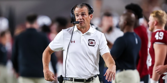 Sep 21, 2024; Columbia, South Carolina, USA; South Carolina Gamecocks head coach Shane Beamer directs his team against the Akron Zips in the second half at Williams-Brice Stadium. Mandatory Credit: Jeff Blake-Imagn Images