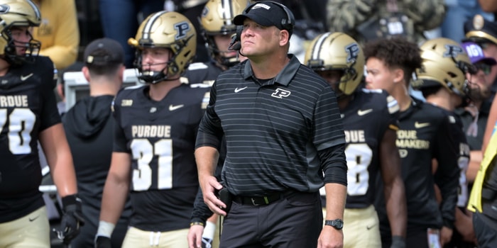Purdue Boilermakers head coach Barry Odom stands on the sidelines during the first quarter against the Ball State Cardinals at Ross-Ade Stadium