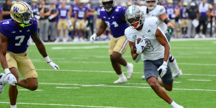 Sep 7, 2024; Seattle, Washington, USA; Eastern Michigan Eagles wide receiver Terry Lockett Jr. (3) carries the ball after a catch against the Washington Huskies during the first half at Alaska Airlines Field at Husky Stadium. Mandatory Credit: Steven Bisig-Imagn Images