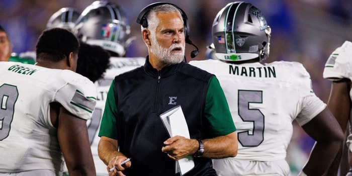 Sep 13, 2025; Lexington, Kentucky, USA; Eastern Michigan Eagles head coach Chris Creighton looks on during the second quarter against the Kentucky Wildcats at Kroger Field. Mandatory Credit: Jordan Prather-Imagn Images