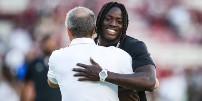 Four-star linebacker Ja'Bios Smith with South Carolina football coach Shane Beamer. Photo by: Katie Dugan | GamecockCentral