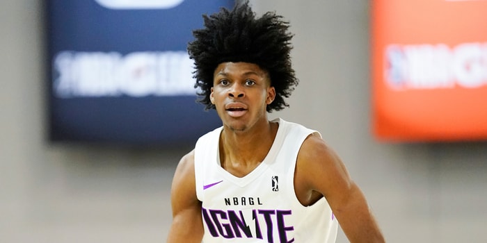 Dec 22, 2022; Las Vegas, NV, USA; NBA G League Ignite guard London Johnson (2) dribbles the ball during the first half against the Greensboro Swarm at Mandalay Bay Convention Center. Mandatory Credit: Lucas Peltier-Imagn Images