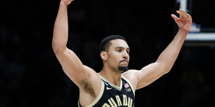 Purdue Boilermakers forward Trey Kaufman-Renn (4) pumps up the crowd Saturday, March 29, 2025, during the NCAA Tournament Sweet 16 game against the Houston Cougars at Lucas Oil Stadium in Indianapolis. Houston Cougars won 62-60. © Alex Martin/Journal and Courier / USA TODAY NETWORK via Imagn Images