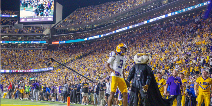 Sep 13, 2025; Baton Rouge, Louisiana, USA; LSU Tigers cornerback DJ Pickett (3) reacts to intercepting the ball from Florida Gators quarterback DJ Lagway (not pictured) during the second half at Tiger Stadium. Mandatory Credit: Stephen Lew-Imagn Images
