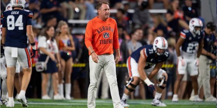 Auburn Tigers head coach Hugh Freeze walks the field during warm ups before Auburn Tigers take on Missouri Tigers at Jordan-Hare Stadium in Auburn, Ala. on Saturday, Oct. 18, 2025. (© Jake Crandall/ Advertiser / USA TODAY NETWORK via Imagn Images)