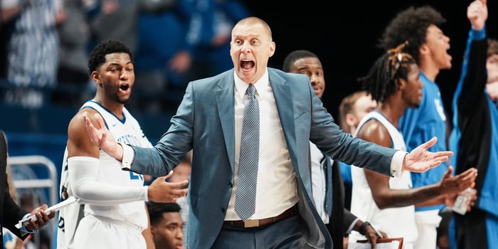 Kentucky Wildcats head coach Mark Pope questions a call of blocking on the Cats while they take on Nicholls in the first half at Rupp Arena in Lexington, Kentucky Nov. 4, 2025. © Matt Stone/Courier Journal / USA TODAY NETWORK via Imagn Images