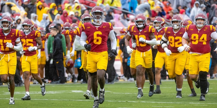 The USC Trojans take the field against the Iowa Hawkeyes
