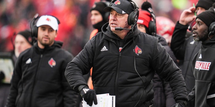 Louisville Cardinals head coach Jeff Brohm on the sidelines during the game against Kentucky Saturday, November 29, 2025 in Louisville, Kentucky at L&N Federal Credit Union Stadium.