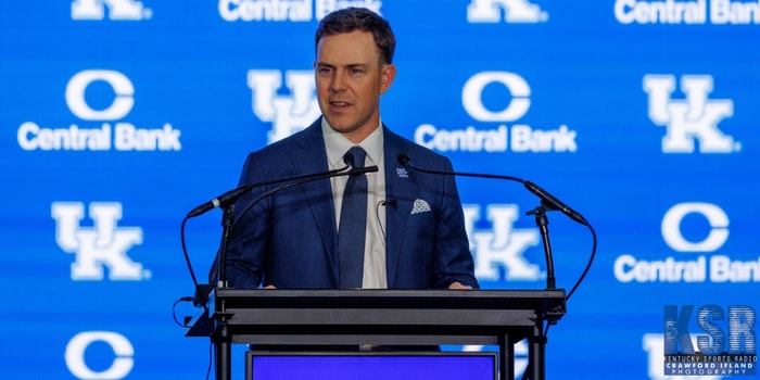 Will Stein is introduced as the new head football coach of the University of Kentucky on December 3, 2025 at Nutter Field House in Lexington, Ky. Photo by Crawford Ifland, Kentucky Sports Radio/On3