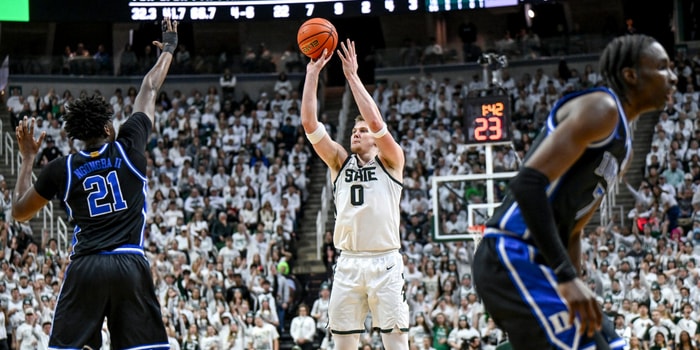 Michigan State's Jaxon Kohler makes a 3-pointer against Duke during the first half on Saturday, Dec. 6, 2025, at the Breslin Center in East Lansing. - Nick King, USA TODAY Sports