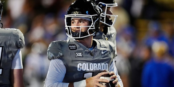 Sep 27, 2025; Boulder, Colorado, USA; Colorado Buffaloes quarterback Ryan Staub (16) before the game against the Brigham Young Cougars at Folsom Field. Mandatory Credit: Ron Chenoy-Imagn Images