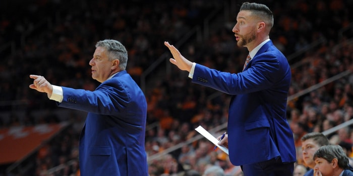 Jan 2, 2018; Knoxville, TN, USA; Auburn Tigers head coach Bruce Pearl and assistant coach Steven Pearl during the second half against the Tennessee Volunteers at Thompson-Boling Arena. Mandatory Credit: Randy Sartin-USA TODAY Sports