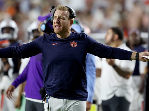 Sep 19, 2026; Auburn, Alabama, USA; Auburn Tigers Alex Golesh reacts to a call during the third quarter against the Florida Gators at Jordan-Hare Stadium. Mandatory Credit: John Reed-Imagn Images