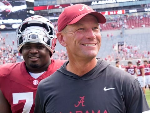 Sep 5, 2026; Tuscaloosa, AL, USA; Alabama head coach Kalen DeBoer leaves the field with a smile on his face after the Crimson Tide defeated East Carolina at Saban Field in Bryant-Denny Stadium. Mandatory Credit: Gary Cosby Jr.-Tuscaloosa News