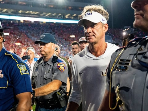 LSU head coach Lane Kiffin walks off the field after a college football game between Ole Miss and LSU at Vaught Hemingway