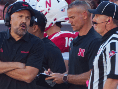 Nebraska HC Matt Rhule with a Big Ten referee