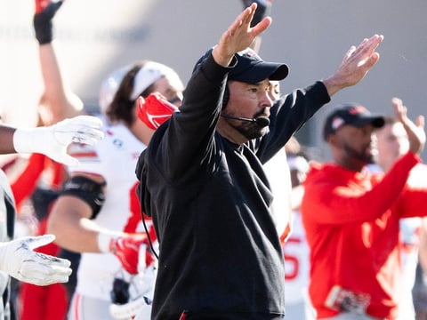 Ohio State Head Coach Ryan Day celebrates as they defeat Indiana during the Indiana versus Ohio State football game at Memorial