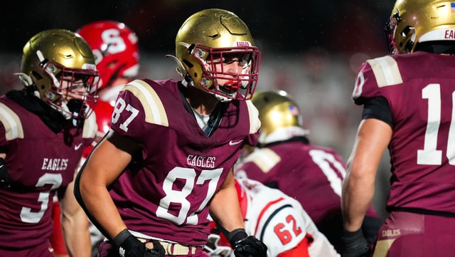 Michigan State commit and Bishop Watterson edge Jack Schuler (87) celebrates in the first half of the OHSAA Region 11 championship game at White Field on Friday, Nov. 21, 2025 in Newark, Ohio. - Samantha Madar, USA TODAY Sports