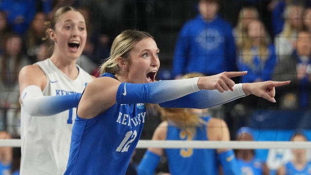 Kentucky’s Molly Tuozzo (12) and Brooklyn DeLeye celebrate against UCLA in the 2nd round of the NCAA Tournament at Historic Memorial Coliseum. Dec 5, 2025