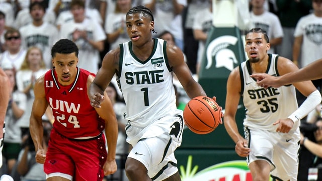 Michigan State’s Jeremy Fears Jr. pushes the ball after a MSU rebound against Incarnate Word during the first half on Friday, Oct. 2, 2026, at the Breslin Center in East Lansing. - Nick King, USA TODAY Sports