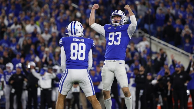 Oct 10, 2026; Lexington, Kentucky, USA; Kentucky Wildcats punter Wilson Berry (93) reacts after place kicker Adam Zouagui (88) ties the game against the LSU Tigers at Kroger Field. Mandatory Credit: Jordan Prather-Imagn Images