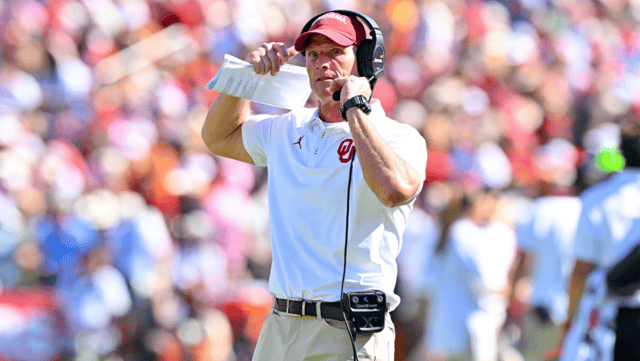 Oct 10, 2026; Dallas, Texas, USA; Oklahoma Sooners head coach Brent Venables looks on during the game between the Sooners and the Longhorns at Cotton Bowl. Mandatory Credit: Jerome Miron-Imagn Images