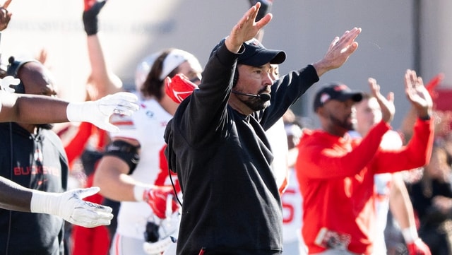 Ohio State Head Coach Ryan Day celebrates as they defeat Indiana during the Indiana versus Ohio State football game at Memorial
