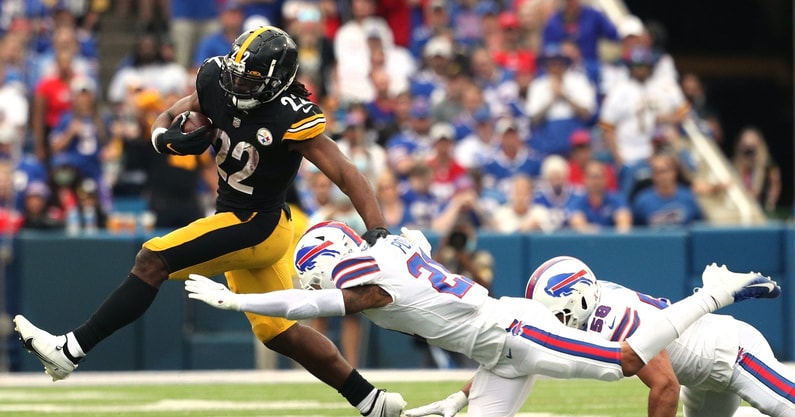 Najee Harris of the Pittsburgh Steelers looks on during the first News  Photo - Getty Images