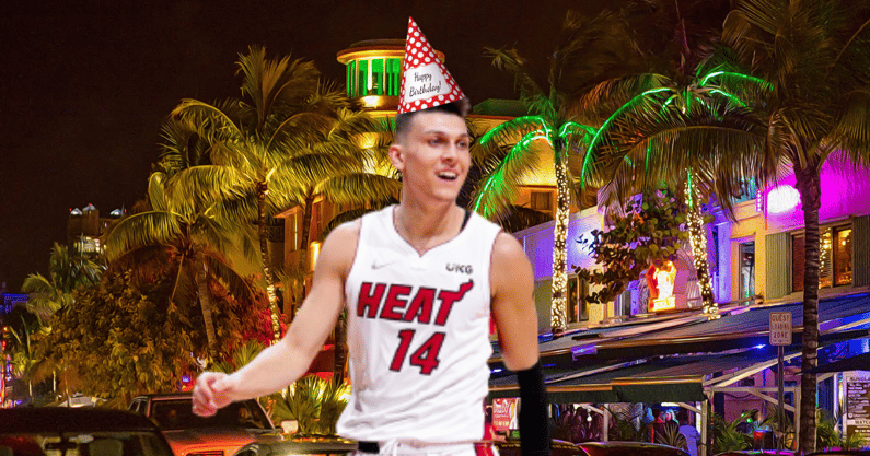 Tyler Herro in a birthday hat
