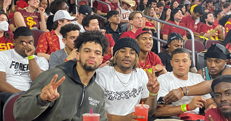 Some players from USC's Football team came out to support the basketball team during the crosstown rivalry game at Galen Center. Caleb Williams, Korey Foreman, & Domani Jackson were treated to a 67-64 Trojan Victory.