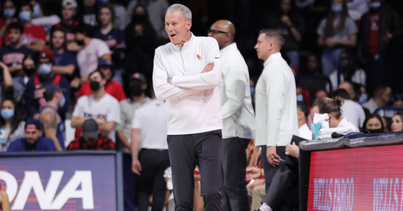 TUCSON, ARIZONA - FEBRUARY 05: Head coach Andy Enfield of the USC Trojans reacts during the first half of the game against the Arizona Wildcats at McKale Center on February 05, 2022 in Tucson, Arizona. 