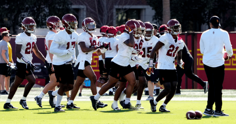 USC Trojans defense during USC spring football practice on Howard Jones/Brian Kennedy Field on the campus of USC in Los Angeles on Tuesday, March 22, 2022. (Photo by Keith Birmingham/MediaNews Group/Pasadena Star-News via Getty Images)