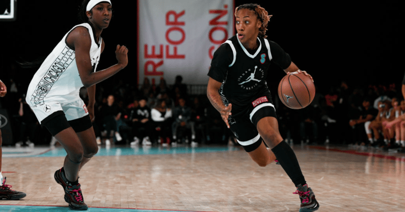 Aaliyah Gayles of Las Vegas, NV dribbles the ball during the Jordan Brand Classic girls game at Hope Student Athletic Center on April 15, 2022 in Chicago, IL.