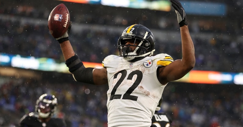 Najee Harris of the Pittsburgh Steelers looks on during the first News  Photo - Getty Images