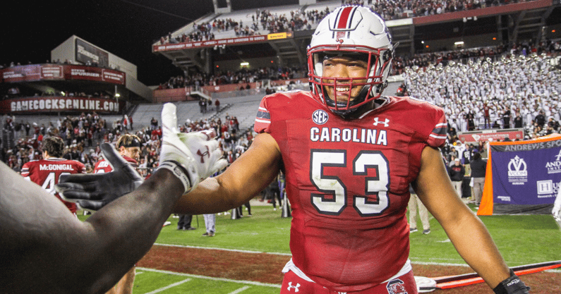 South Carolina offensive lineman Vershon Lee celebrates after a win