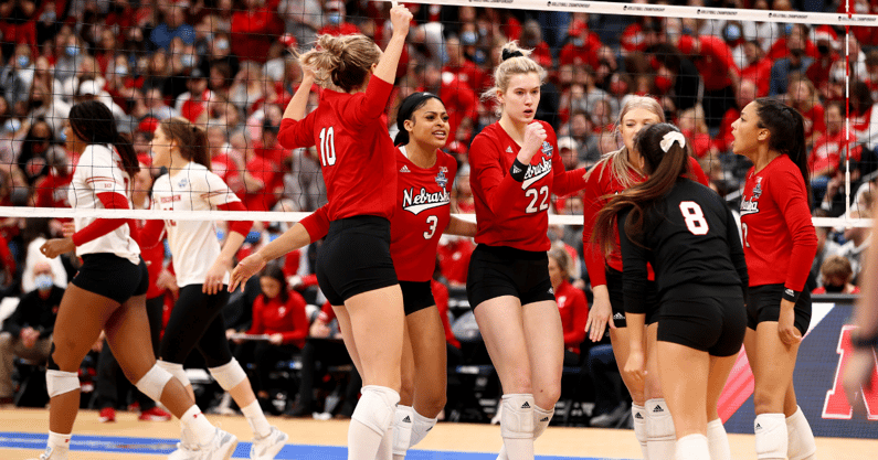 Nebraska volleyball celebrating a point against Wisconsin in the 2021 National Championship
