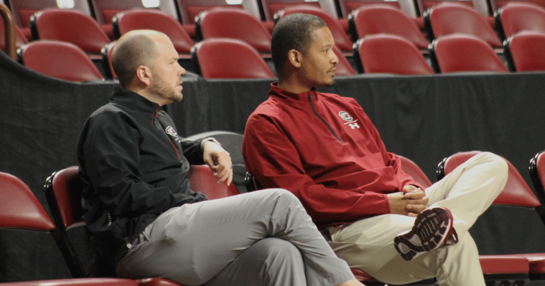 South Carolina head coach Lamont Paris and assistant Tanner Bronson recruiting