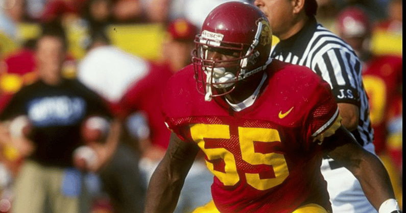 Linebacker Chris Claiborne #55 of the USC Trojans in action during the game against the Arizona State Sun Devils at the Los Angeles Memorial Coliseum in Los Angeles, California. The Trojans defeated the Sun Devils 35-24.