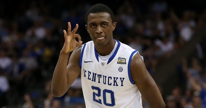 NEW ORLEANS, LA - APRIL 02: Doron Lamb #20 of the Kentucky Wildcats reacts after making a three-pointer in the first half against the Kansas Jayhawks in the National Championship Game of the 2012 NCAA Division I Men's Basketball Tournament at the Mercedes-Benz Superdome on April 2, 2012 in New Orleans, Louisiana. (Photo by Jeff Gross/Getty Images)