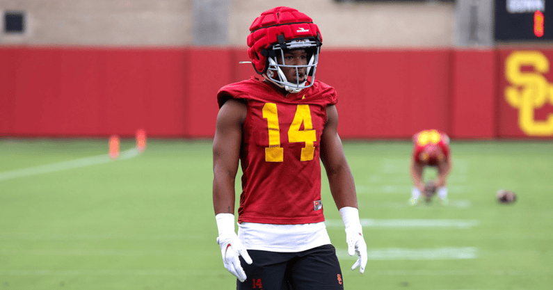 USC running back Raleek Brown goes through special teams warmups in his first fall camp practice as a member of the Trojans.